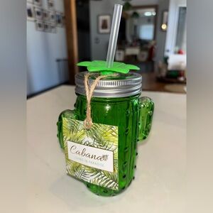 NWT Home Essentials Cabana Living Paradise Green Cactus Shaped Mason Jar Glass